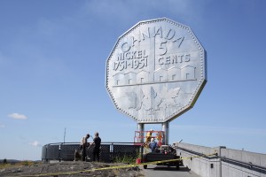 Washed up Workers were busy all day Wednesday cleaning the Big Nickel at Dynamic Earth. An environmentally-friendly method called soda-blasting was used to clean it. The project lasted about 11 hours and was restricted from public access during that period. The last time the Big Nickel was all shined up was in 2003, when it was moved back from it's temporary location at Science North during the construction of Dynamic Earth. Photo By Marg Seregelyi 2008